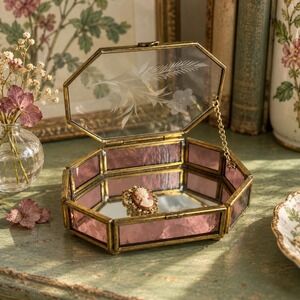 Pink Floral Etched Glass Brass Jewelry Trinket Box Octagon Whimsygoth Vintage